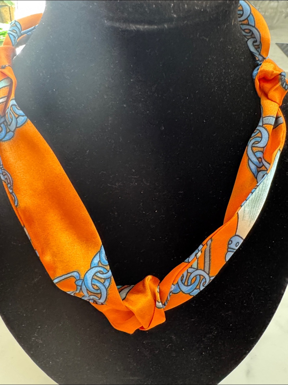 Scarf Necklace Silky Orange Patterned Knot Design